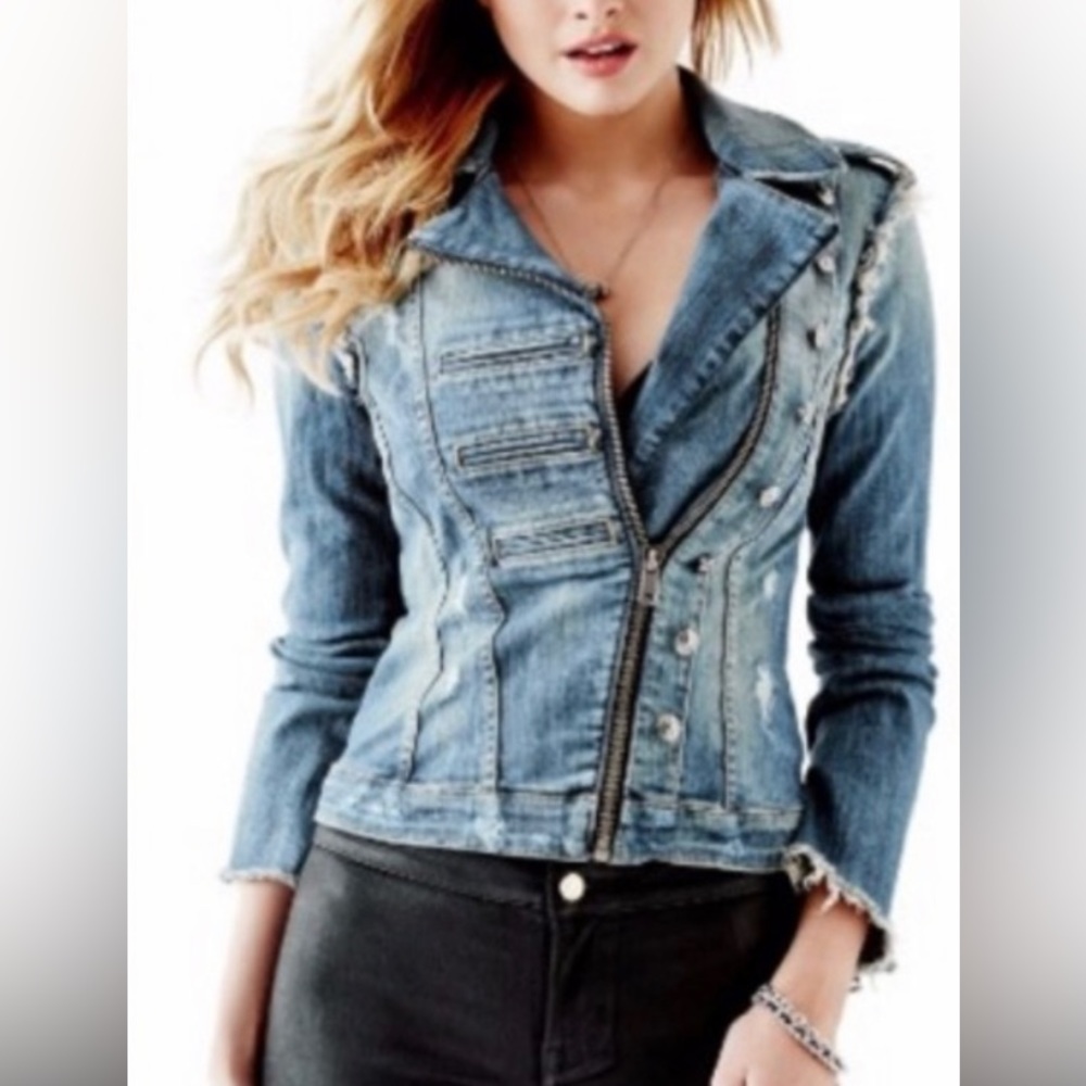 - GUESS Vintage Asymmetrical Moto Jean Jacket